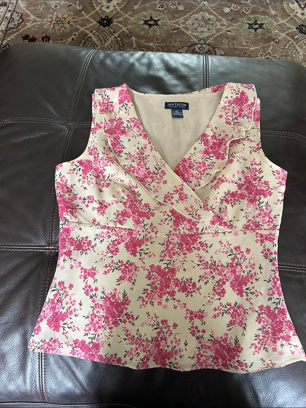 Ann Taylor Cream Sleeveless Floral V-Neck Top with Pink Print